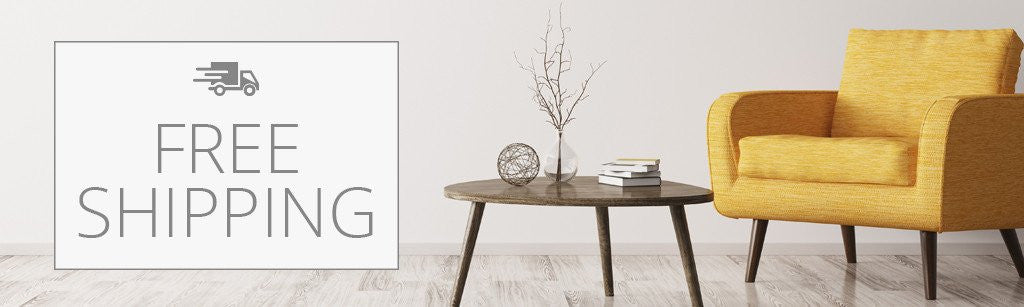 "Free Shipping" banner with modern chaise and coffee table.
